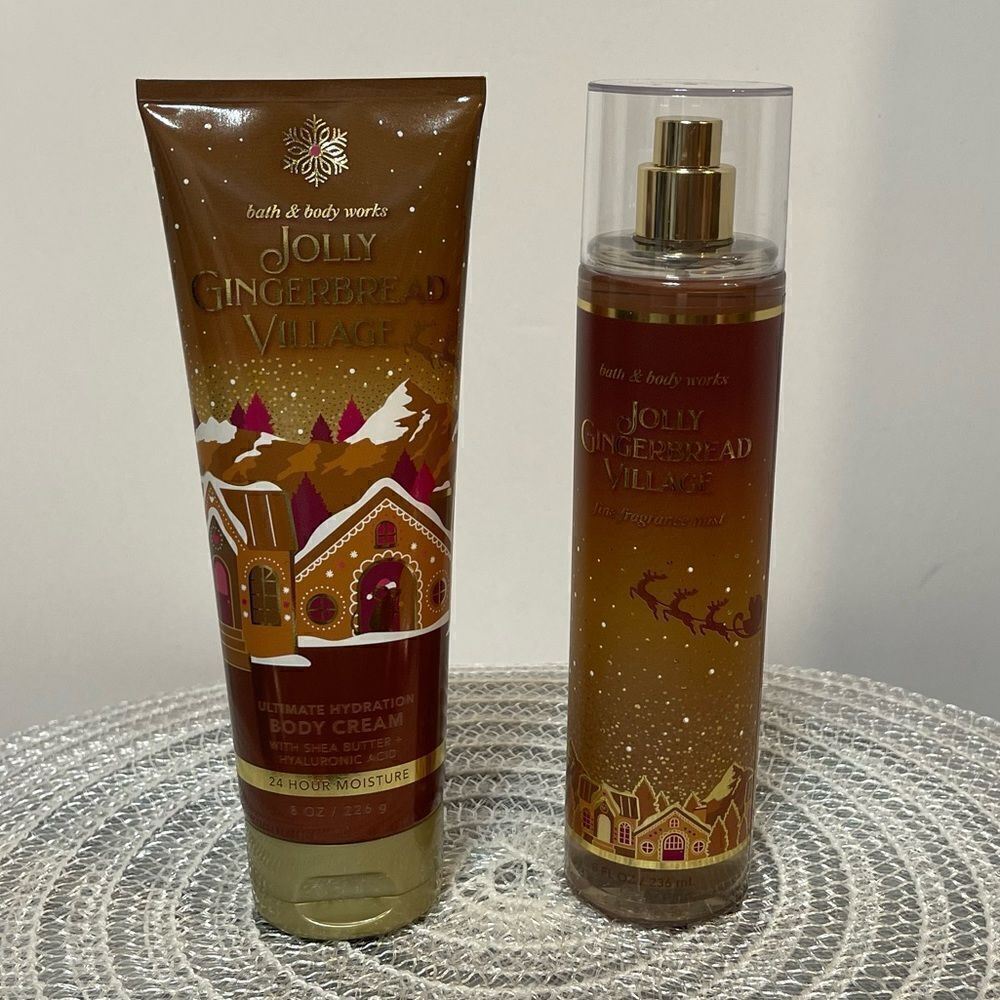 BBW Jolly Gingerbread Village Body Cream and Fragrance Mist set of 2 NWT